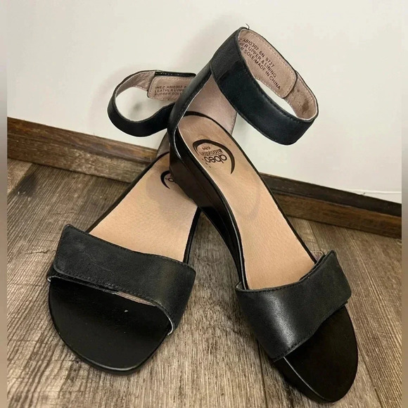 Abeo Shoes - Abeo Inez Black Leather Ankle Strap Low Wedge Sandals Women’s 6N kitten heels